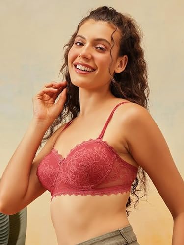 Clovia Women’s Peach Lace Bra – Padded, Underwired, with Adjustable Noodle Straps